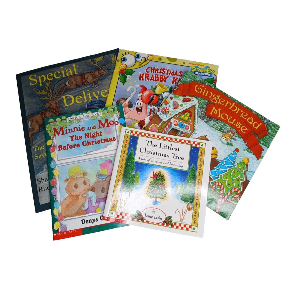 Christmas Kids Children 5 Book Lot Minnie Moo SpongeBob Littlest Christmas Tree